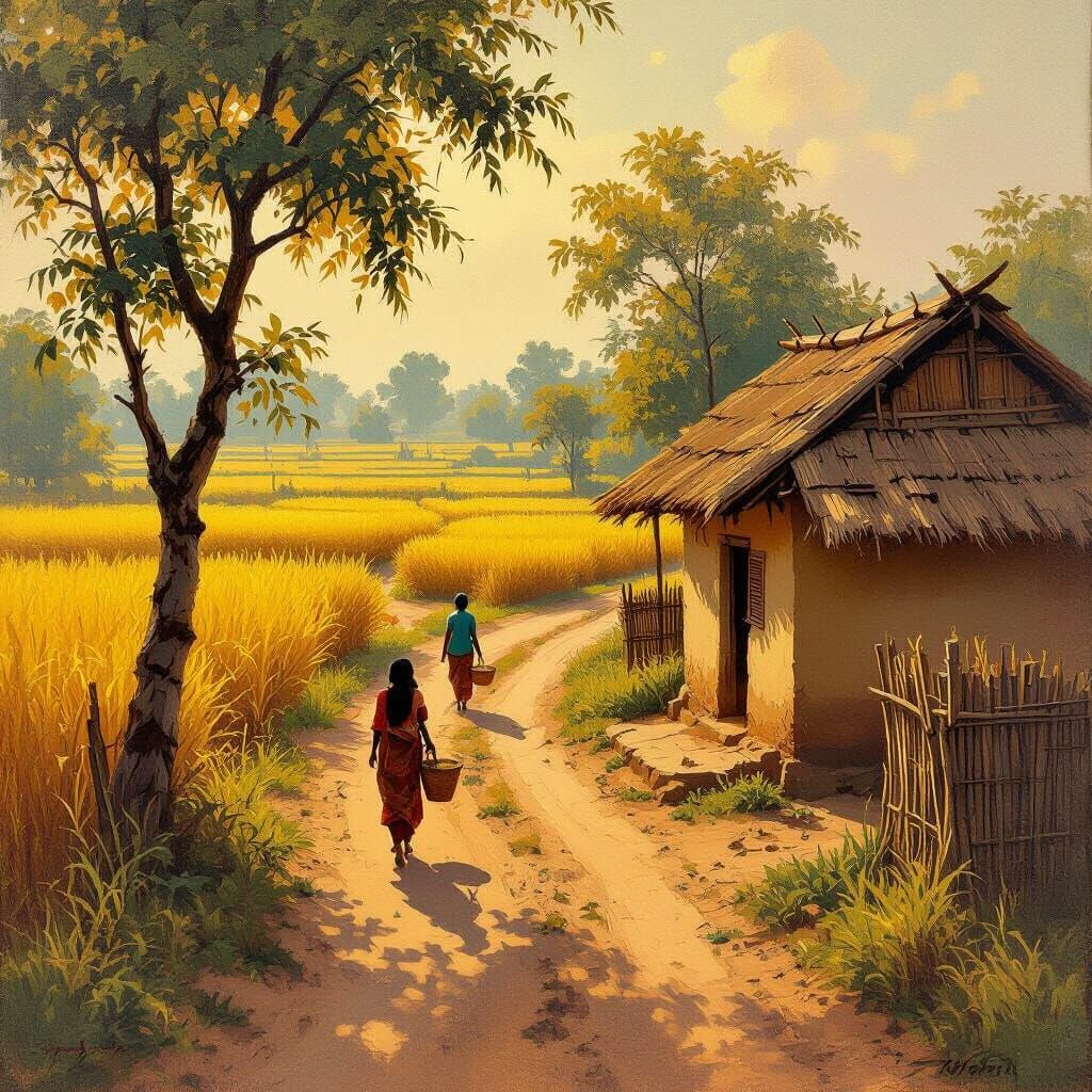 Rural Bangladesh Oil Painting: Golden Fields in Falgun