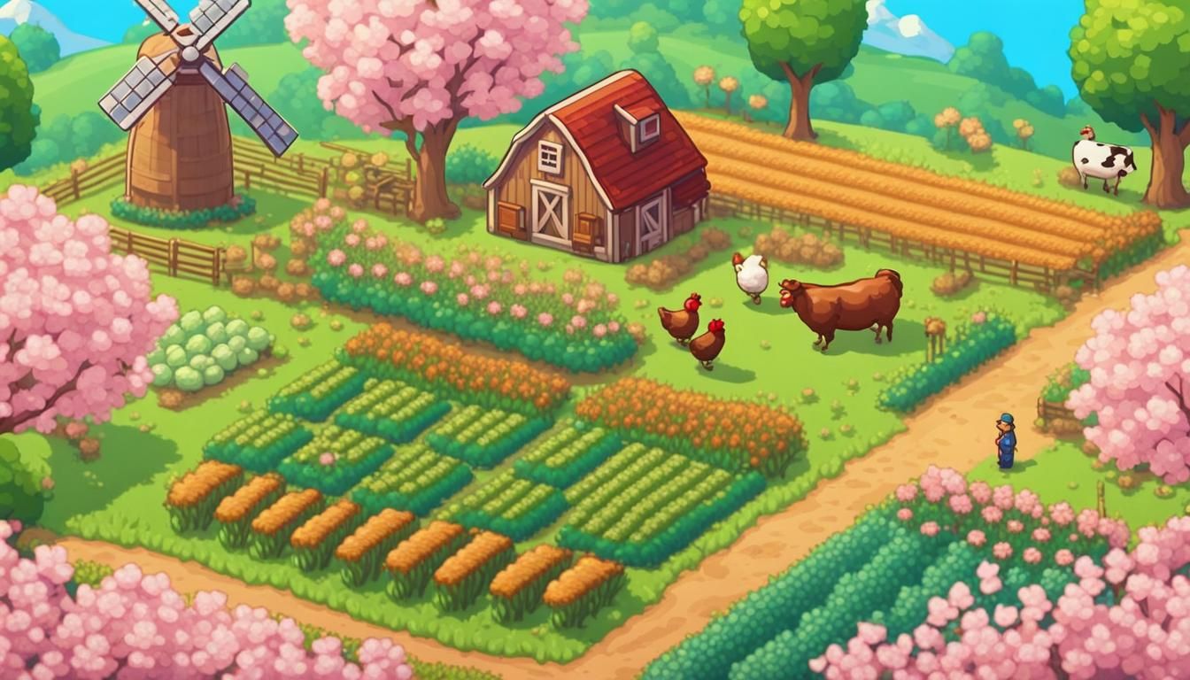 Idyllic Spring Farm Scene in Retro Game Style