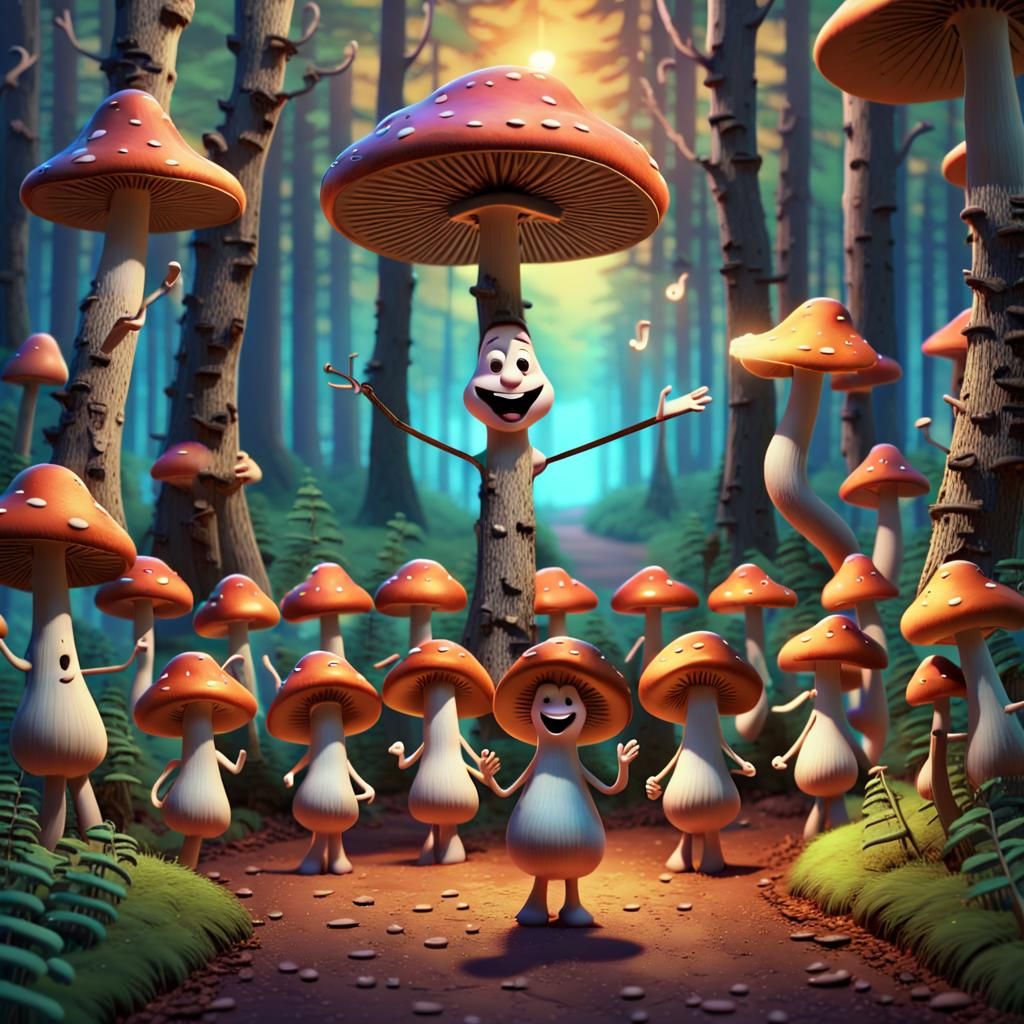 Musical Mushrooms Led by Tree Conductor: Pixar-Style Cartoon