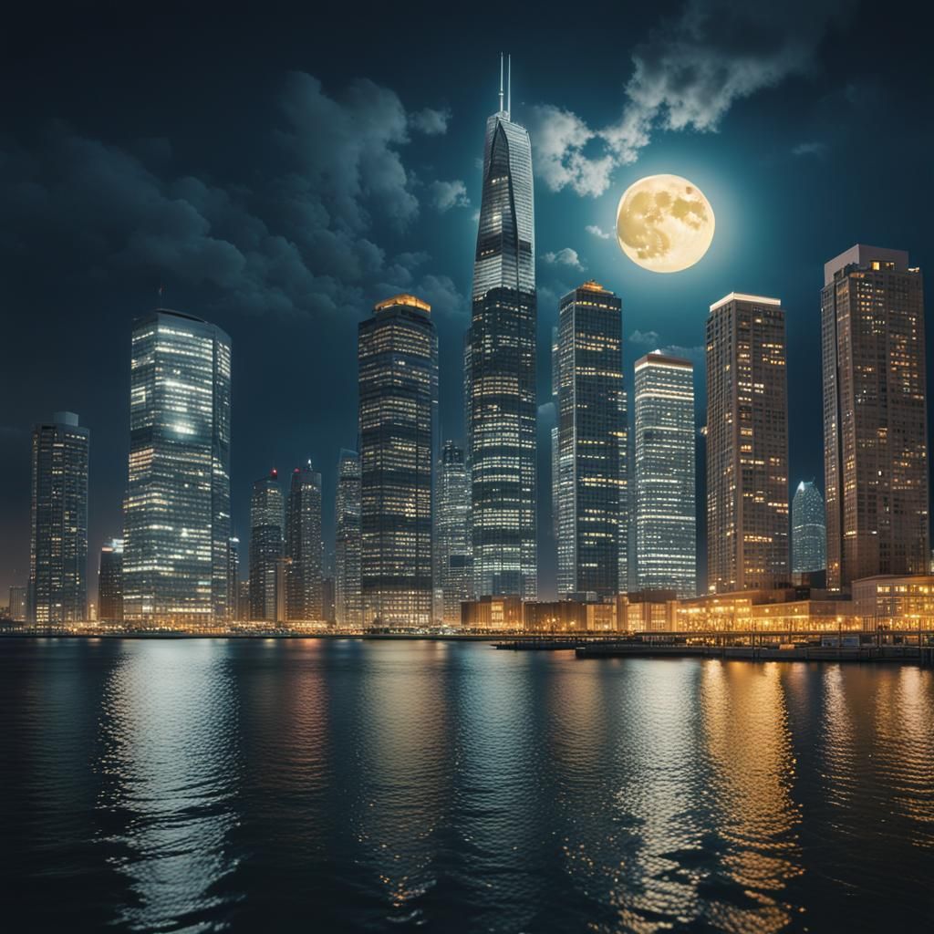 Nighttime Skyscrapers Under a Full Moon