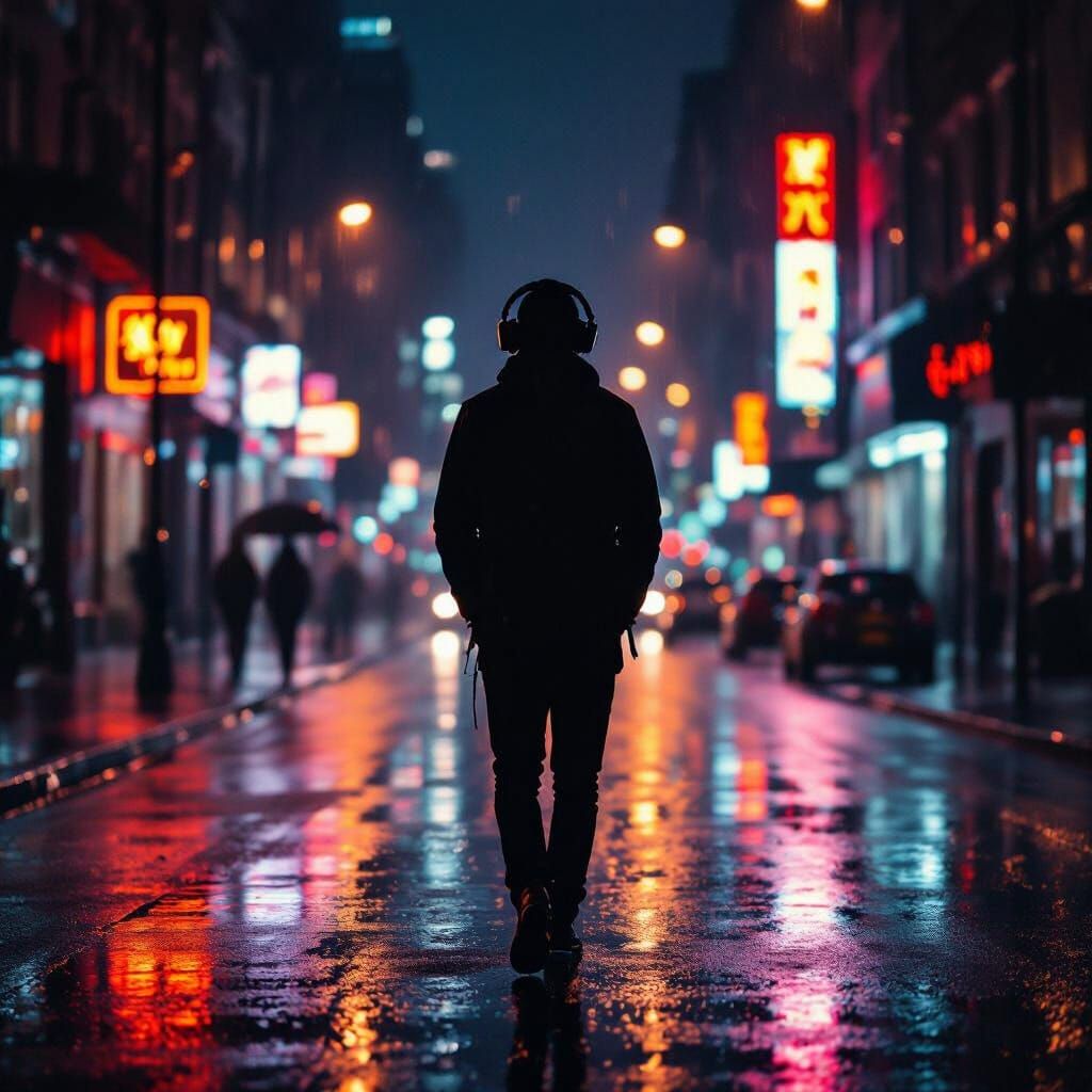 Moody Night Cityscape with Neon Reflections