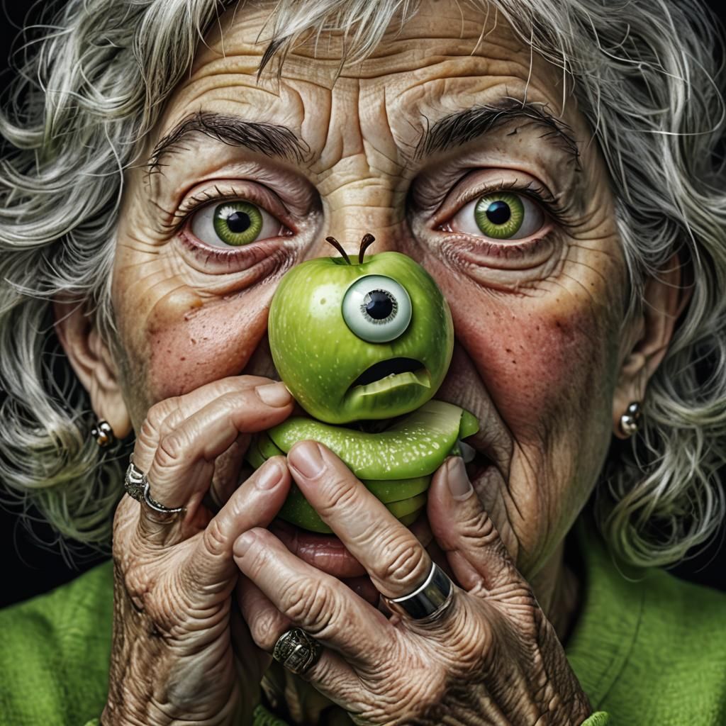 Hyperrealistic Apple Bite with Googly Eyes