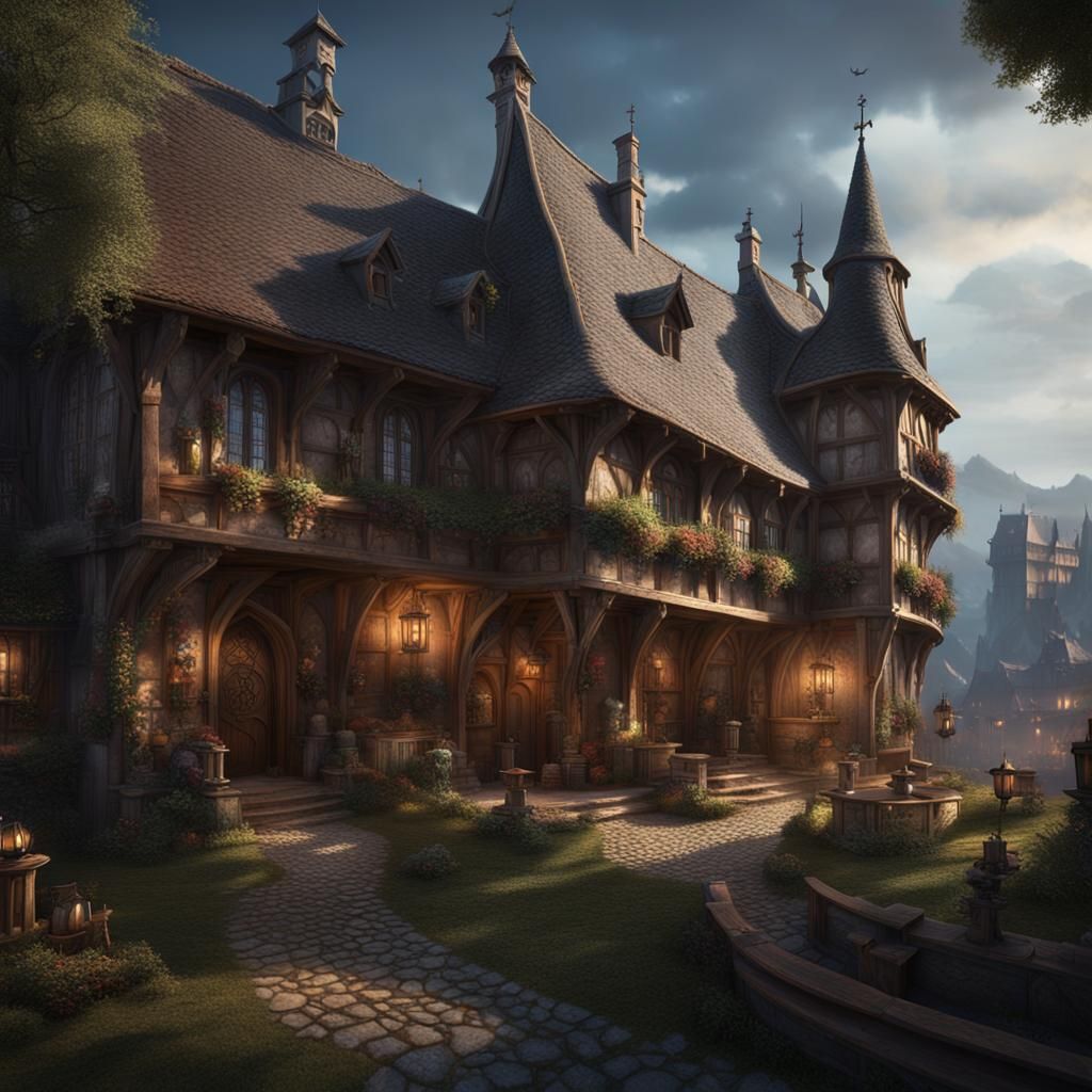 Medieval Inn on Fantasy Route, Digital Matte Painting