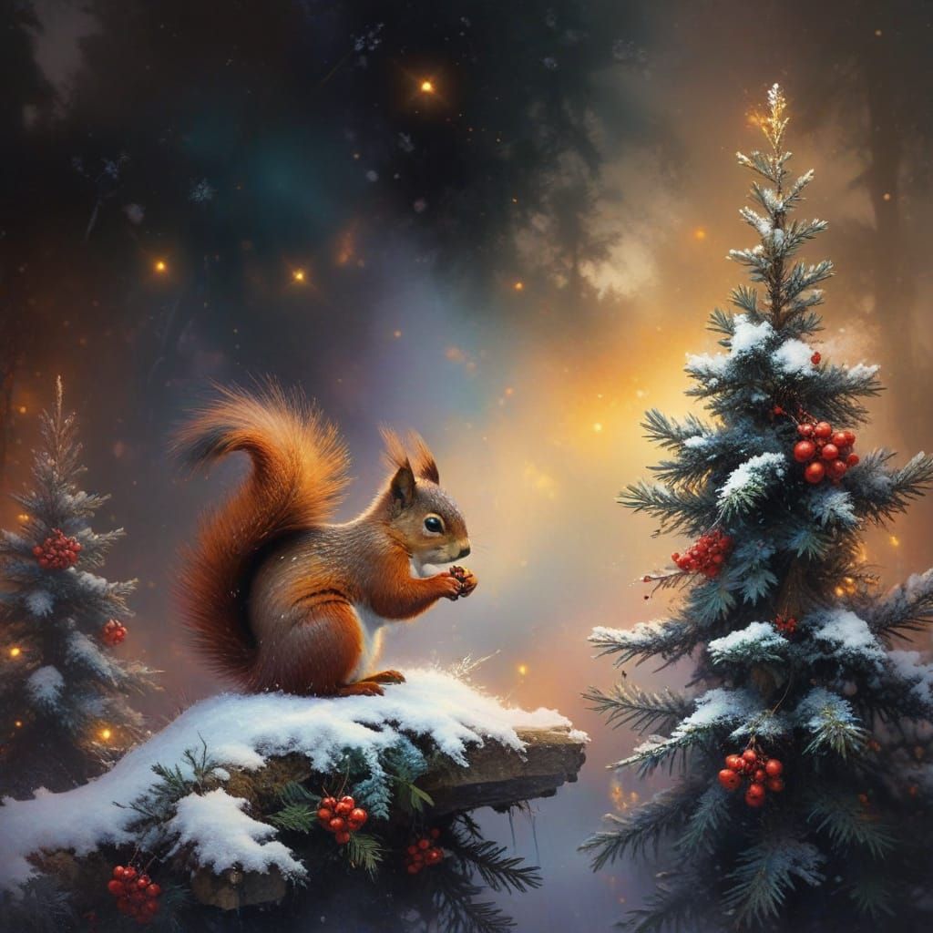 Whimsical Squirrel Amidst Winter Wonderland in a Dreamy Land...
