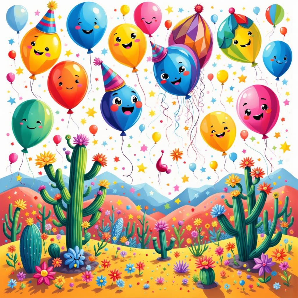 Smiling Balloons in Cactus Desert, Whimsical Art Style