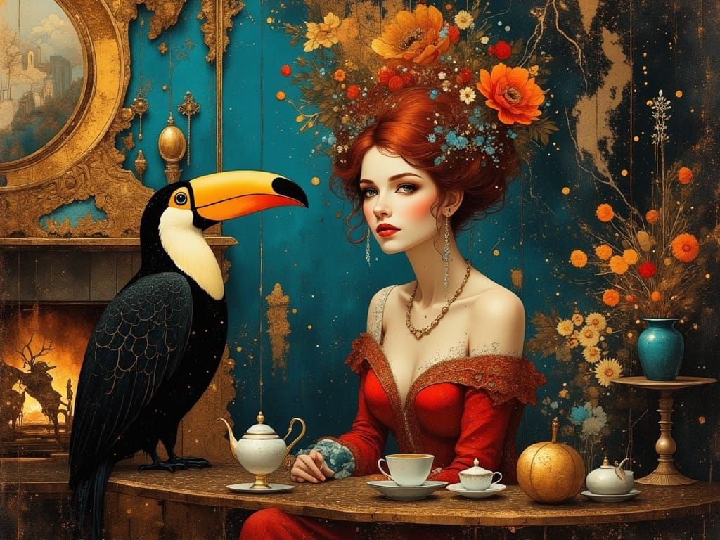 Red Baroness and Toucan Tea Party in Art Nouveau Style