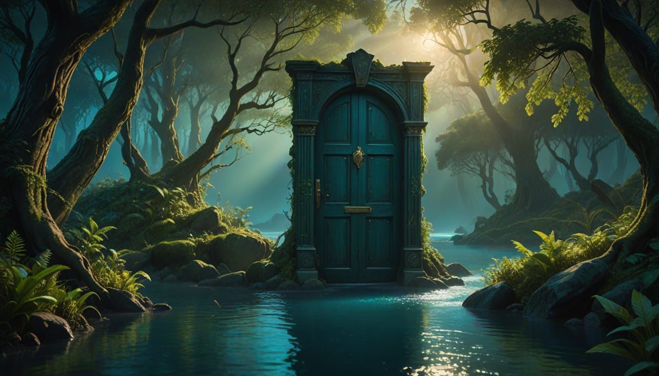 Ancient Door Floats Down Jewel-Toned River in Ethereal Light