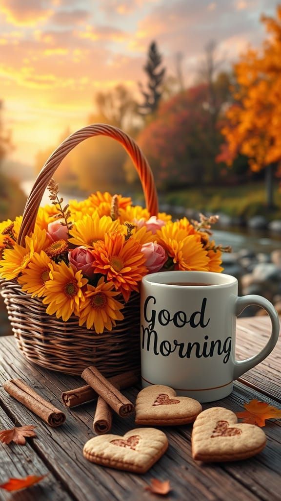 8K HD Autumn Morning Scene With Vibrant Fall Flowers and Cof...