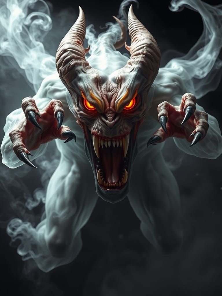 Surreal Cyberpunk Demon Breaches the Frame with Fiery Eyes