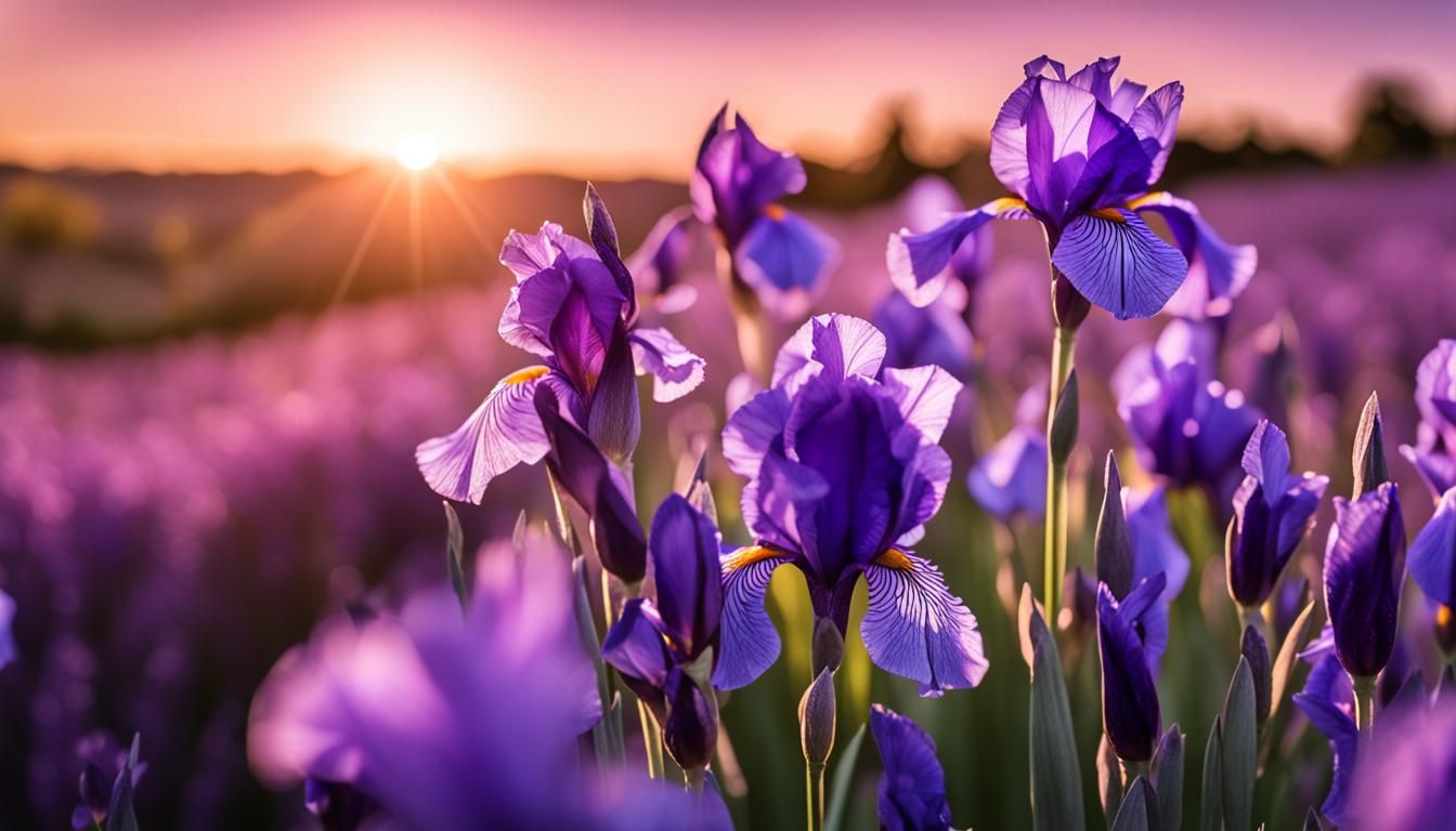 Purple Sunset Over Lavender and Iris Field