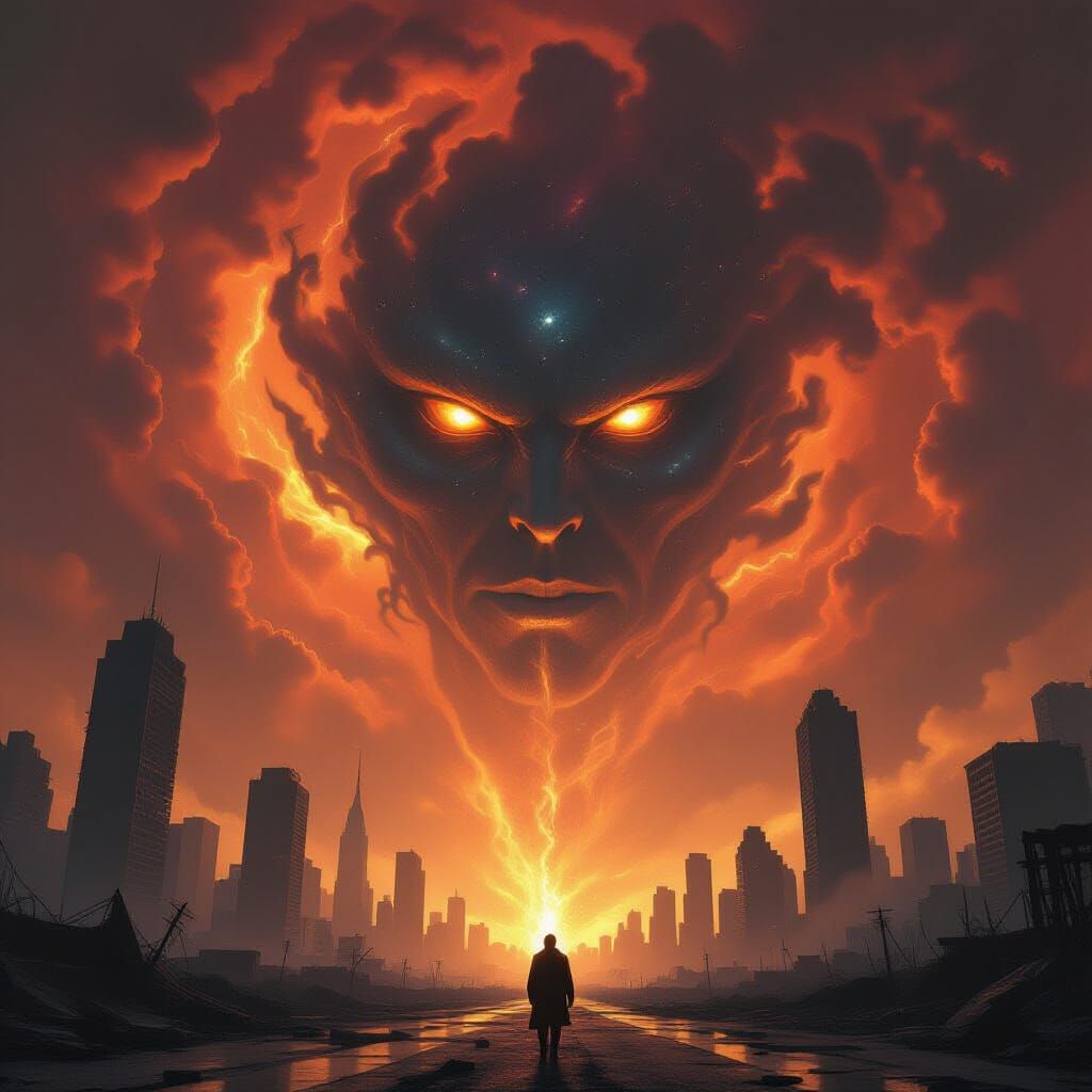 Cosmic Entity Over Post-Apocalyptic Cityscape in Digital Mat...