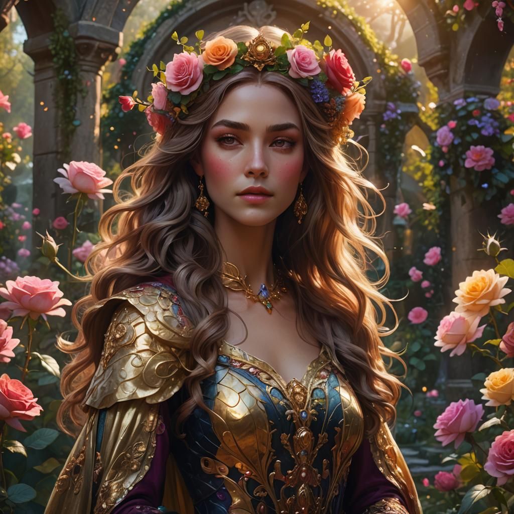 Rose Queen Portrait in Mystical Garden, Fantasy Art