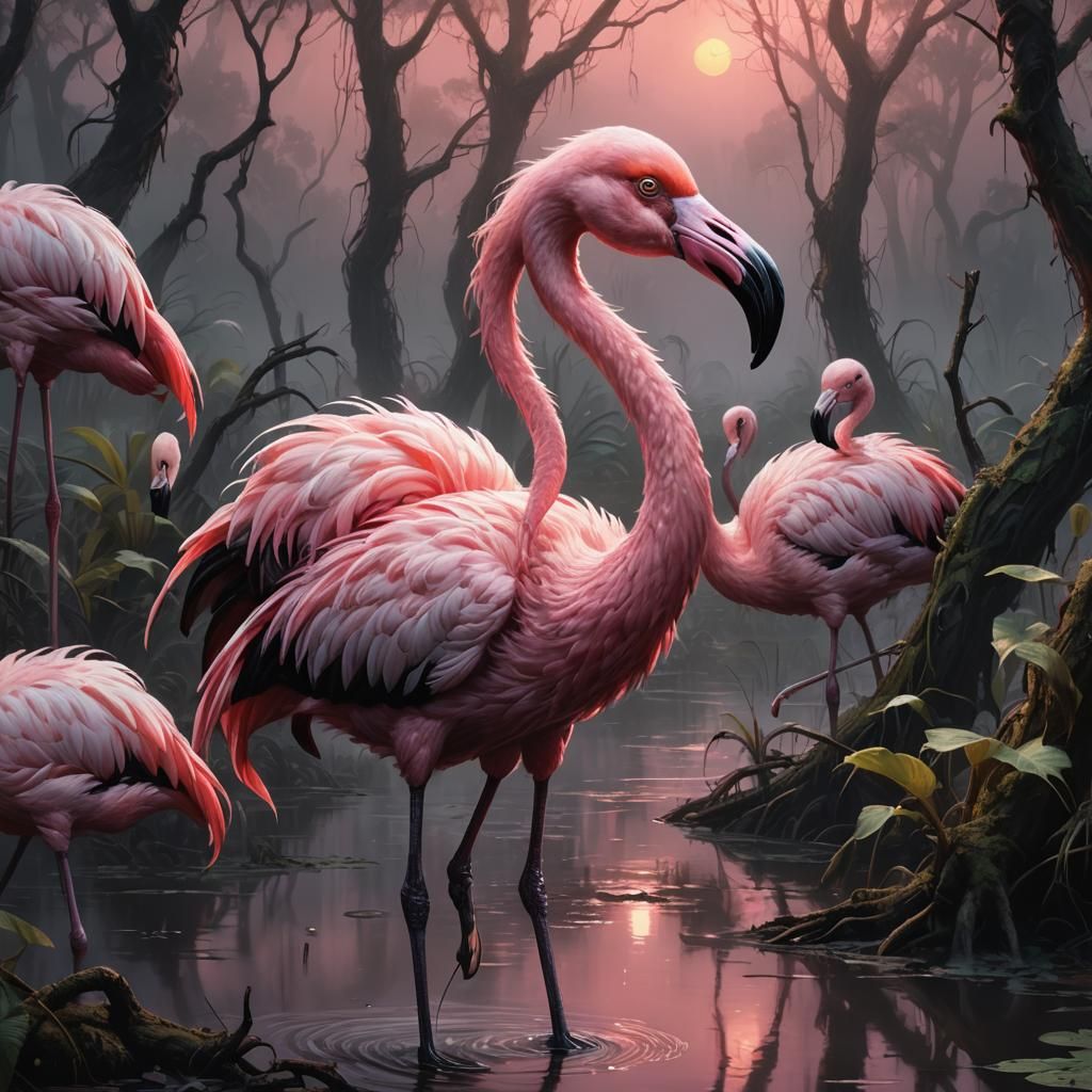 Demonic Flamingo Chick in Murky Swamp, Dark Fantasy Art