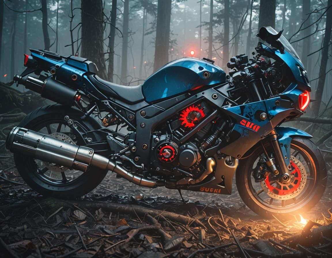 Suzuki Sport Bike in Dark Fantasy Mechanical Monster Scene