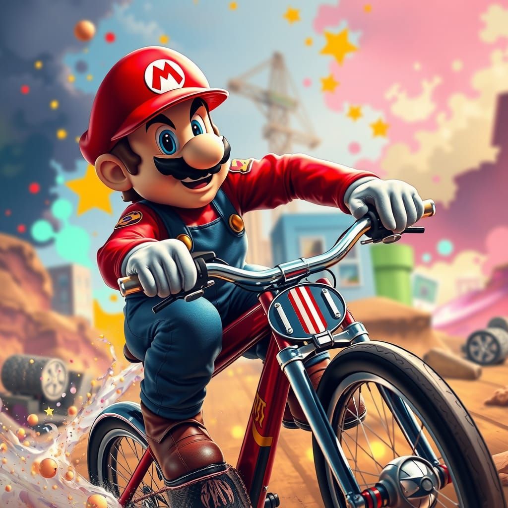 Mario Bros Rides a Bike: Hyperrealistic Concept Art