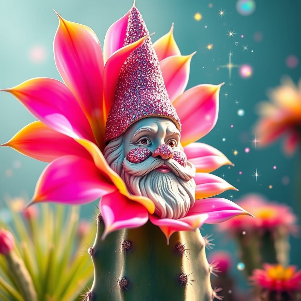 Vibrant Pink Cactus Blooms with Surreal Garden Gnome Face