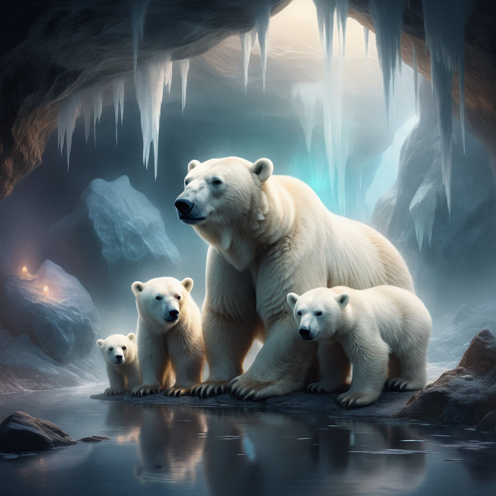 Ethereal Fantasy Landscape with Polar Bear Family in Cozy Ca...