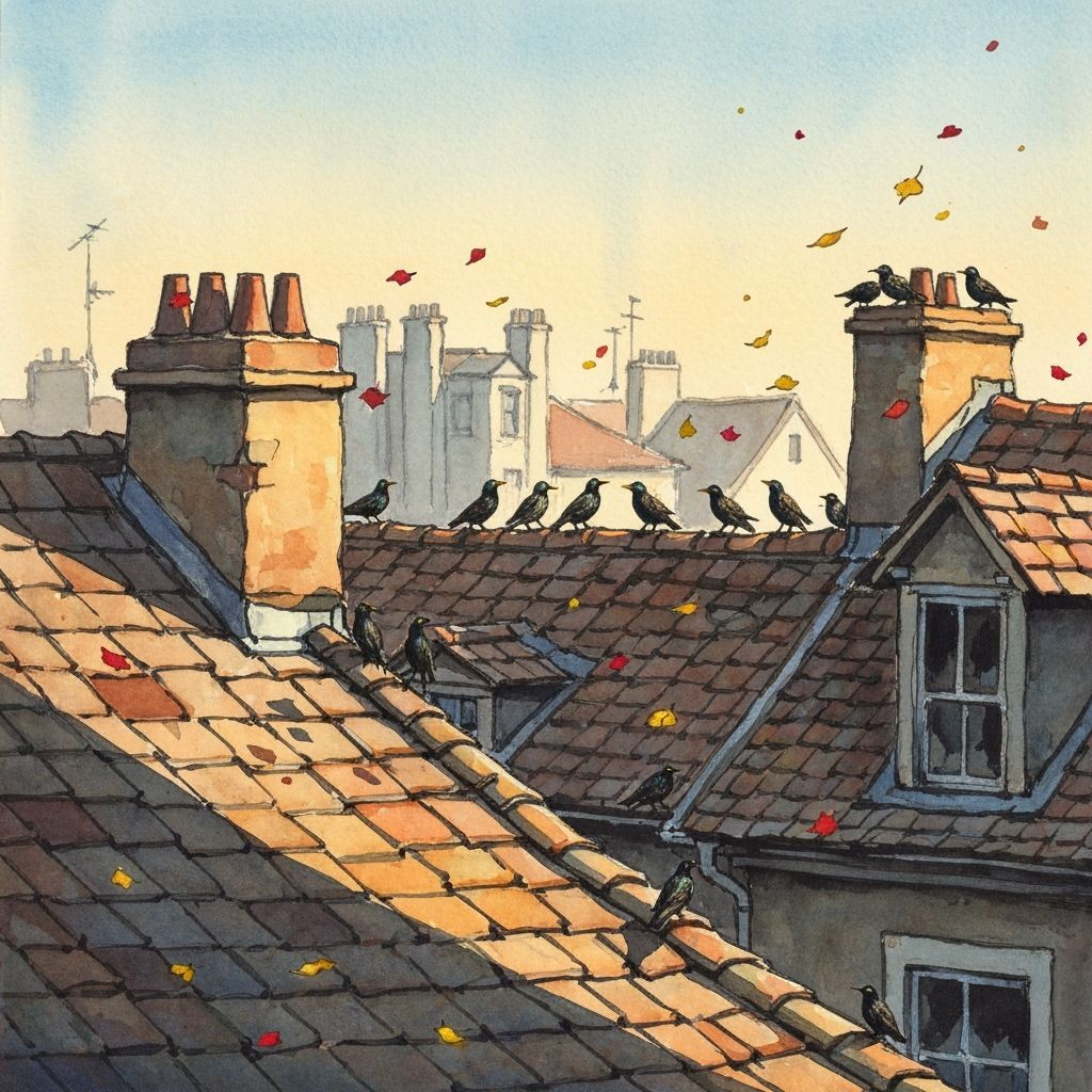 Starlings on Autumn Rooftops in Golden Afternoon Light