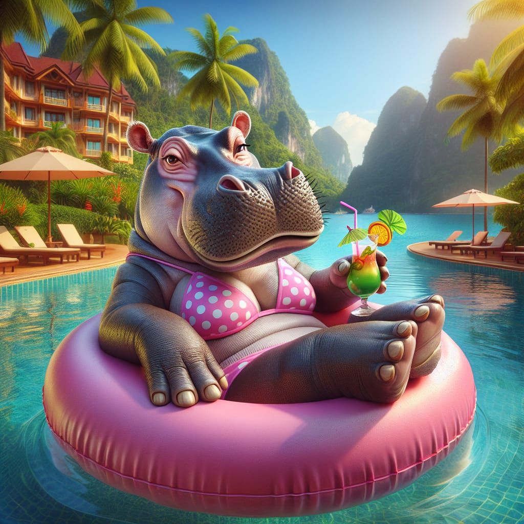 Anthropomorphic Hippo Lounging in Tropical Pool