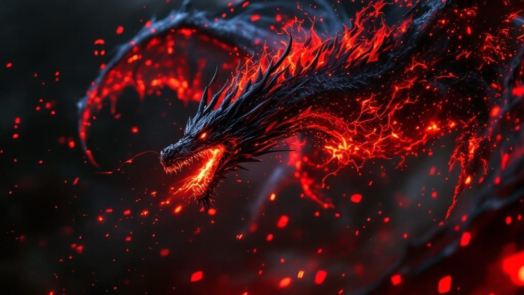 Cyberpunk Black Dragon Soars Through Nighttime Flames