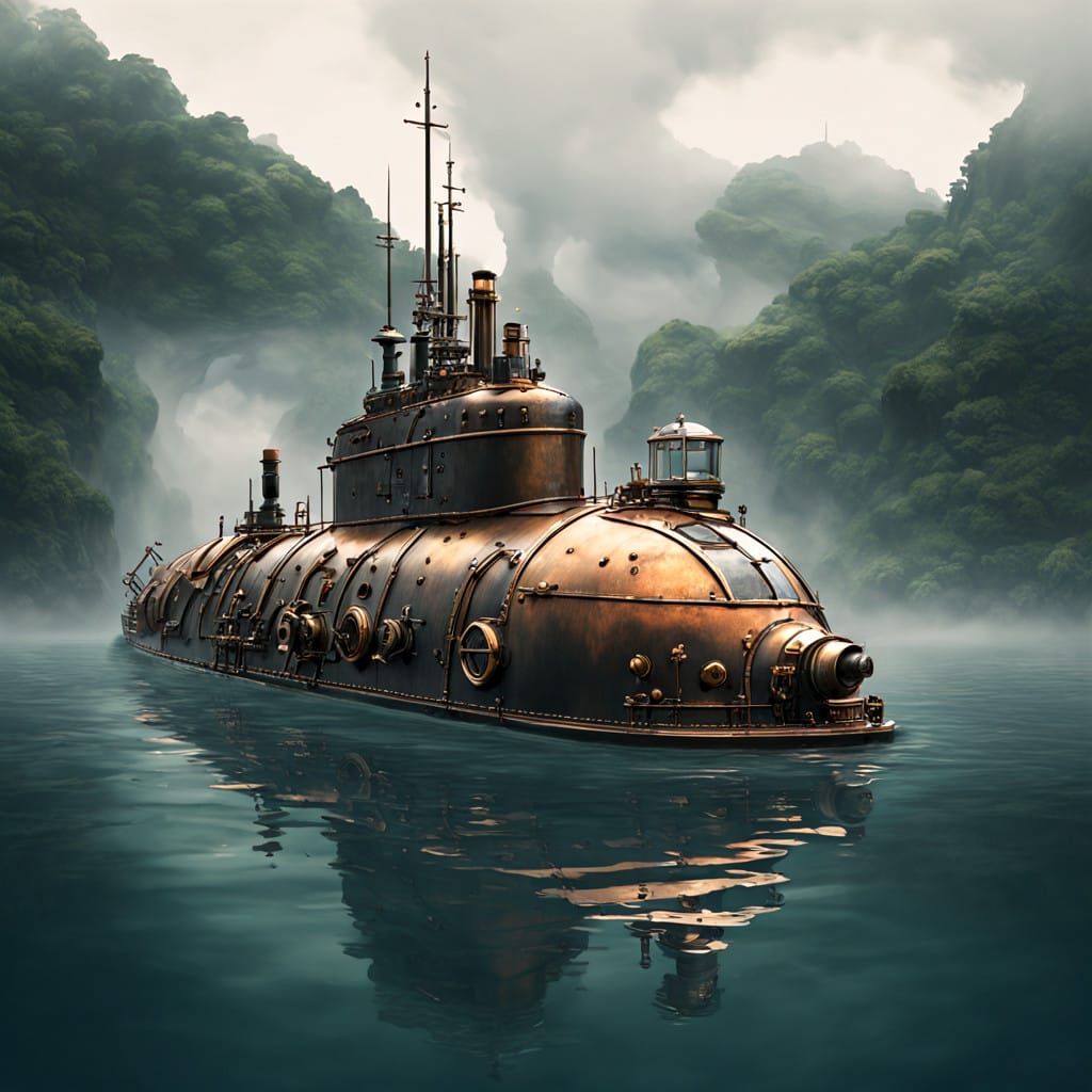 steampunk submarine in a river
