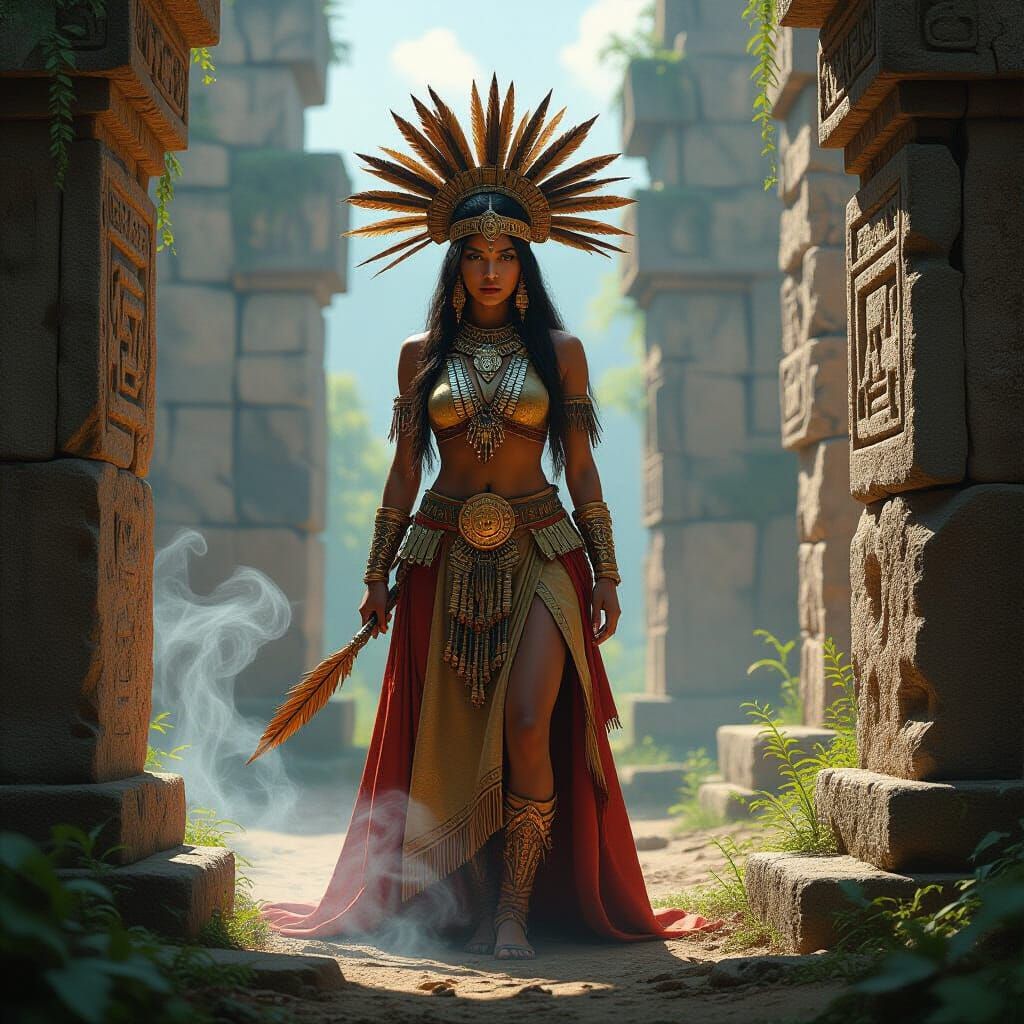 Apache Woman in Overgrown Aztec Ruins, Hyperrealistic Concep...