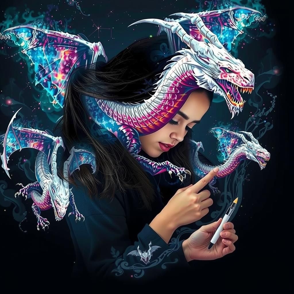 Girl Drawing Galactic Dragon with 3D Projection