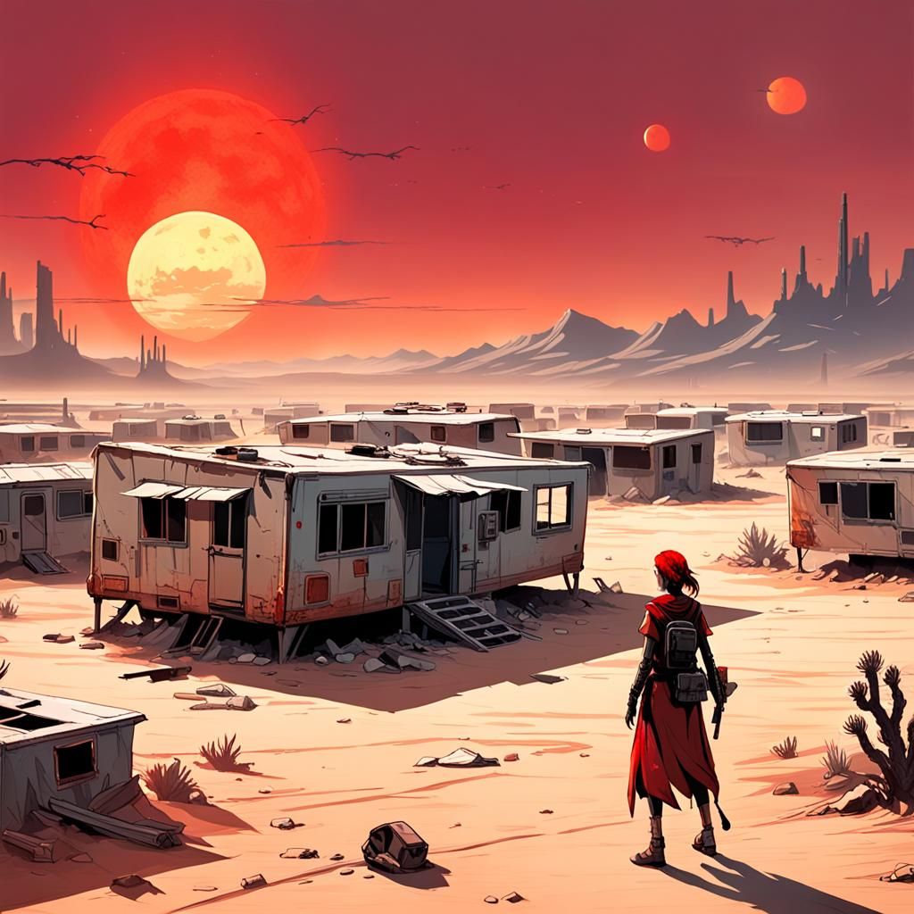 Desert Wasteland: Ruined Trailer Park Under Red Sun