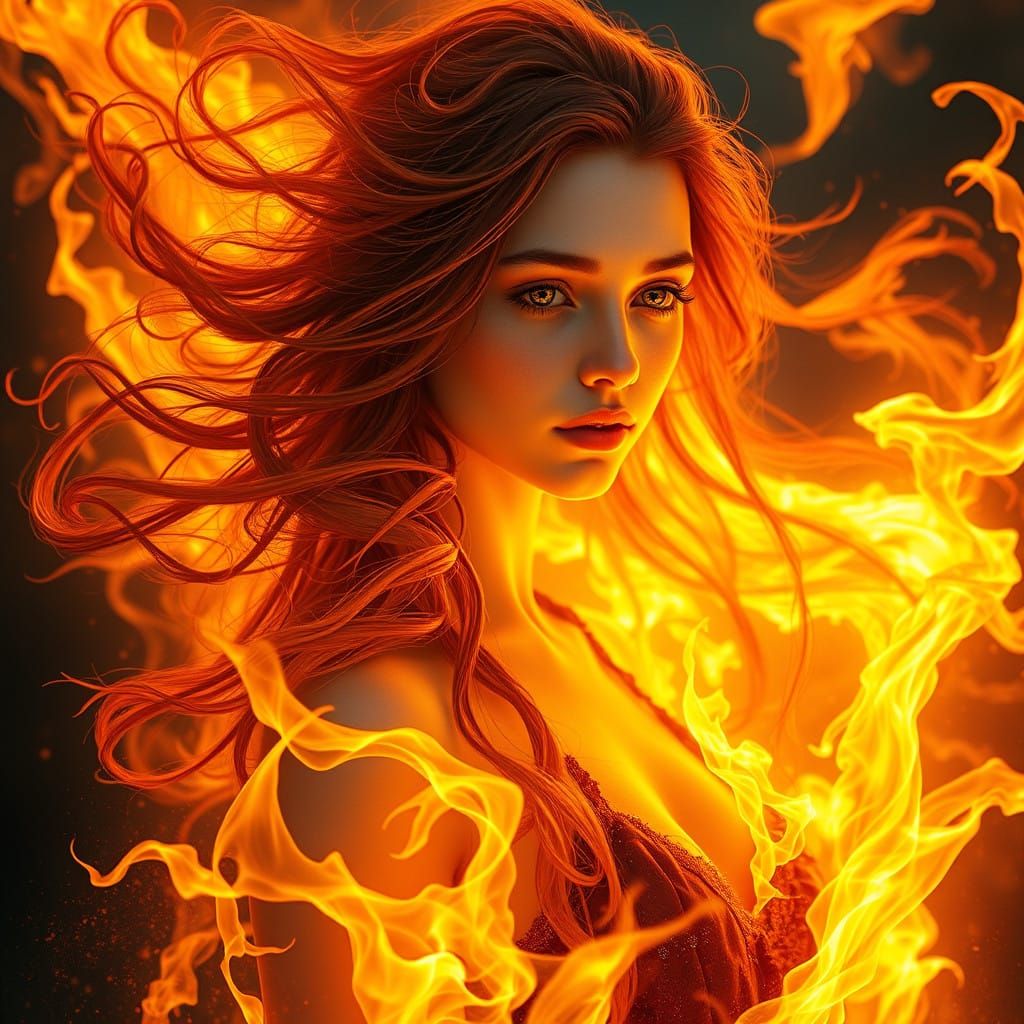 Girl in Fiery Inferno, Illuminated by Golden Light