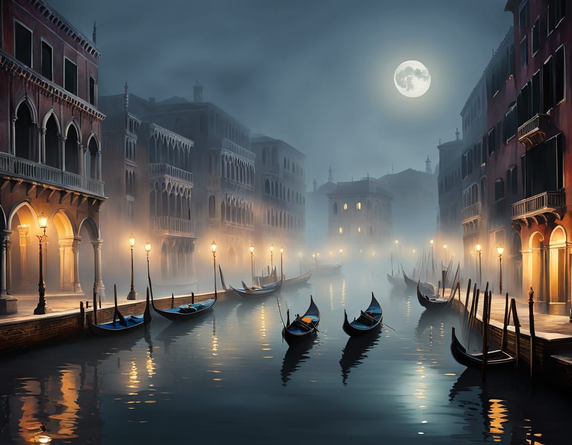 Misty Venetian Canal at Night