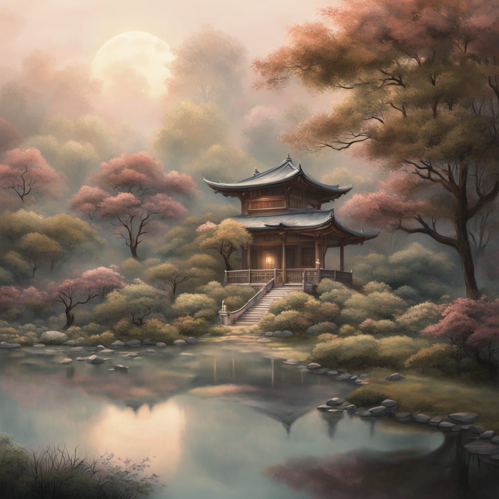 Tranquil Dawn Japanese Garden Watercolor Painting