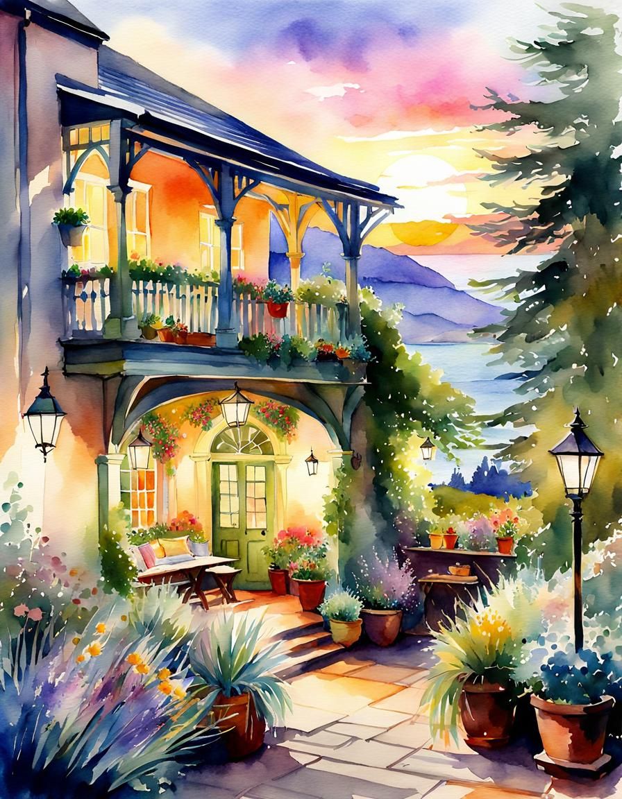 Scottish House Exterior in Soft Watercolor Style