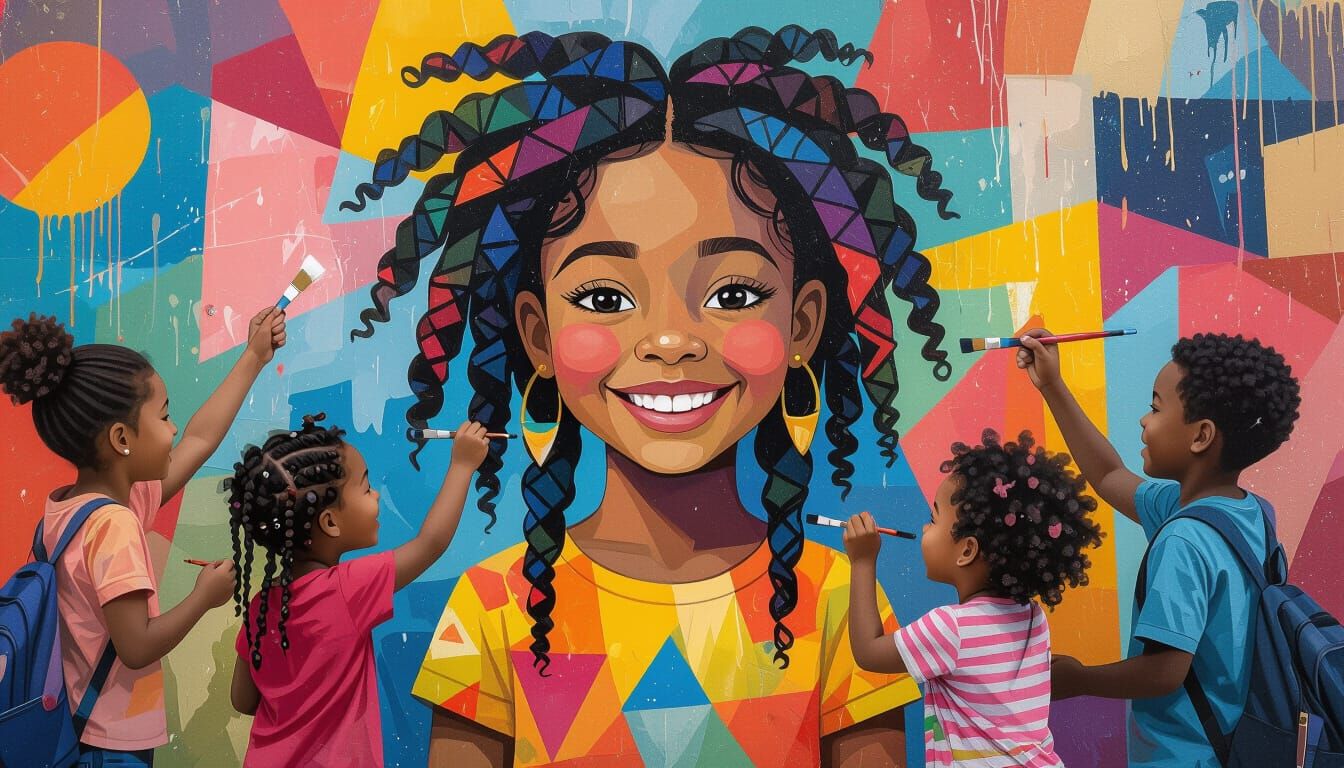 Children Painting a Mural in Folk-Art Style