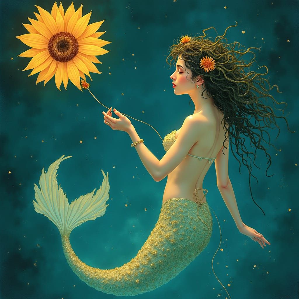 Bioluminescent Mermaid with Sunflower Balloon, Art Nouveau S...