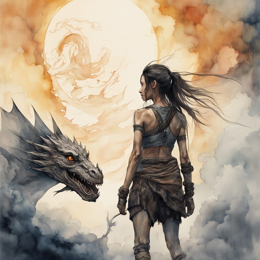 Tribal Girl Rising from Smoke with Baby Dragon