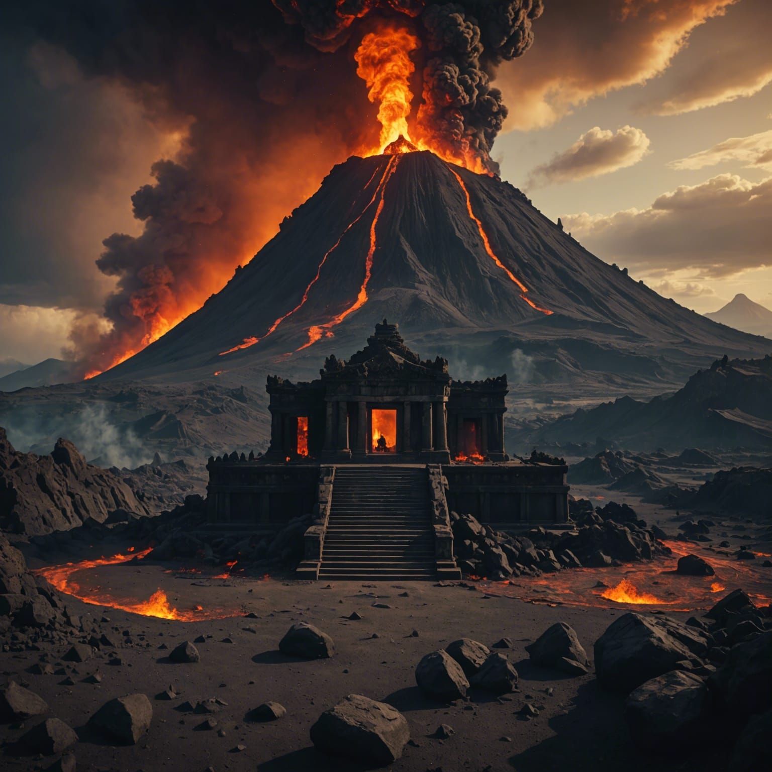 Dramatic Fire Temple on Active Volcano: Cinematic Still