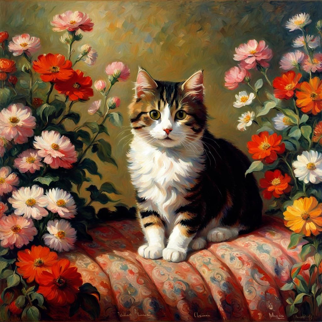 Impressionist Cat Surrounded by Flowers, Monet Style
