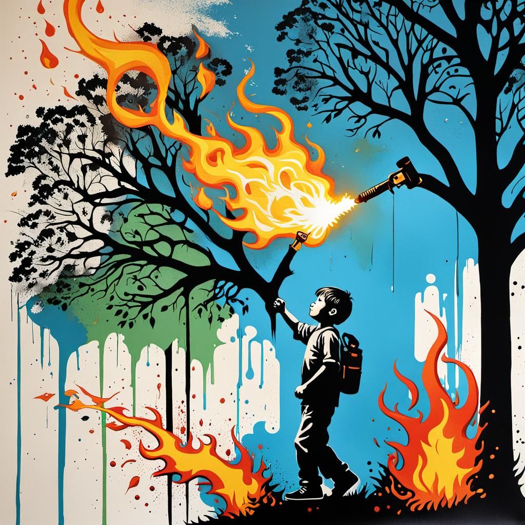 Banksy-Inspired Tree on Fire Stencil Art