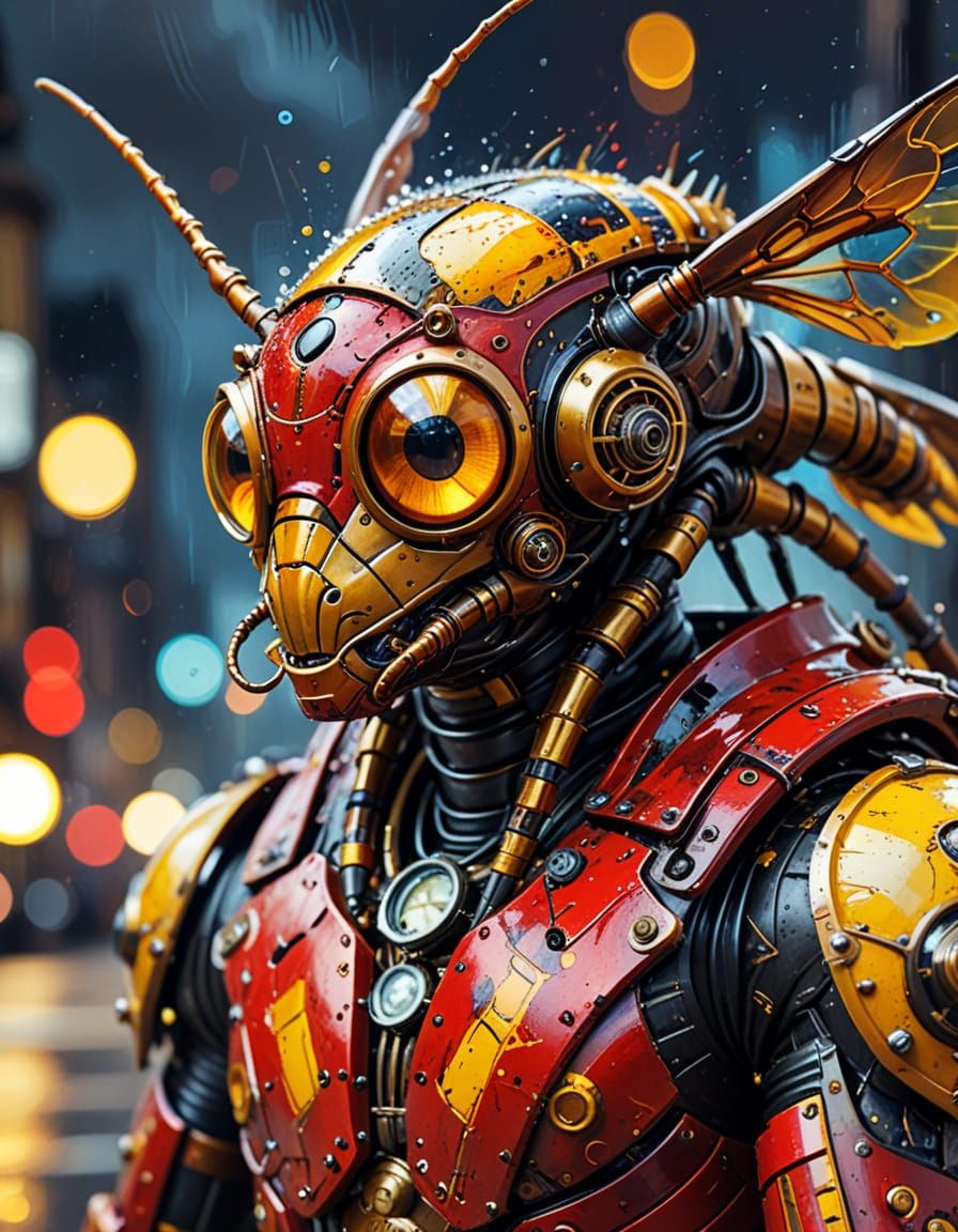 Steampunk Gothic Hornet in Night City, Macro Oil Painting