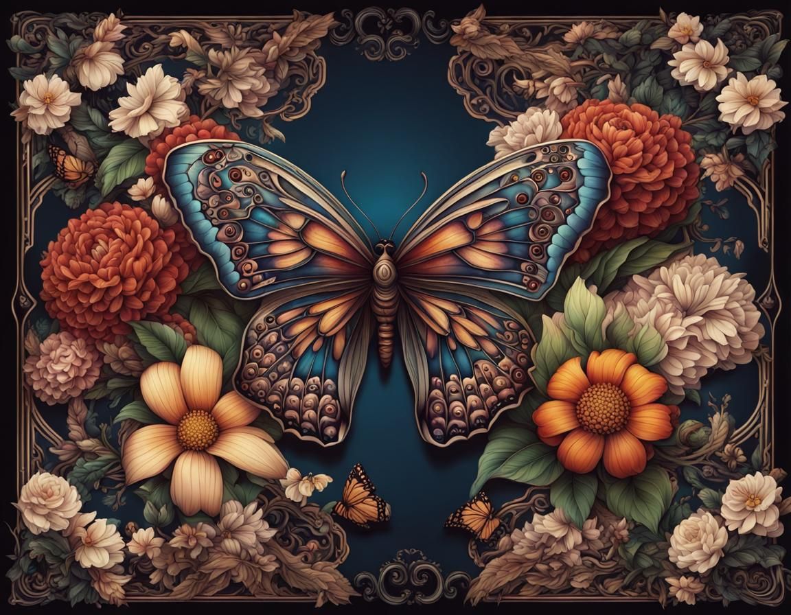Dark Academia Butterfly with Flowers