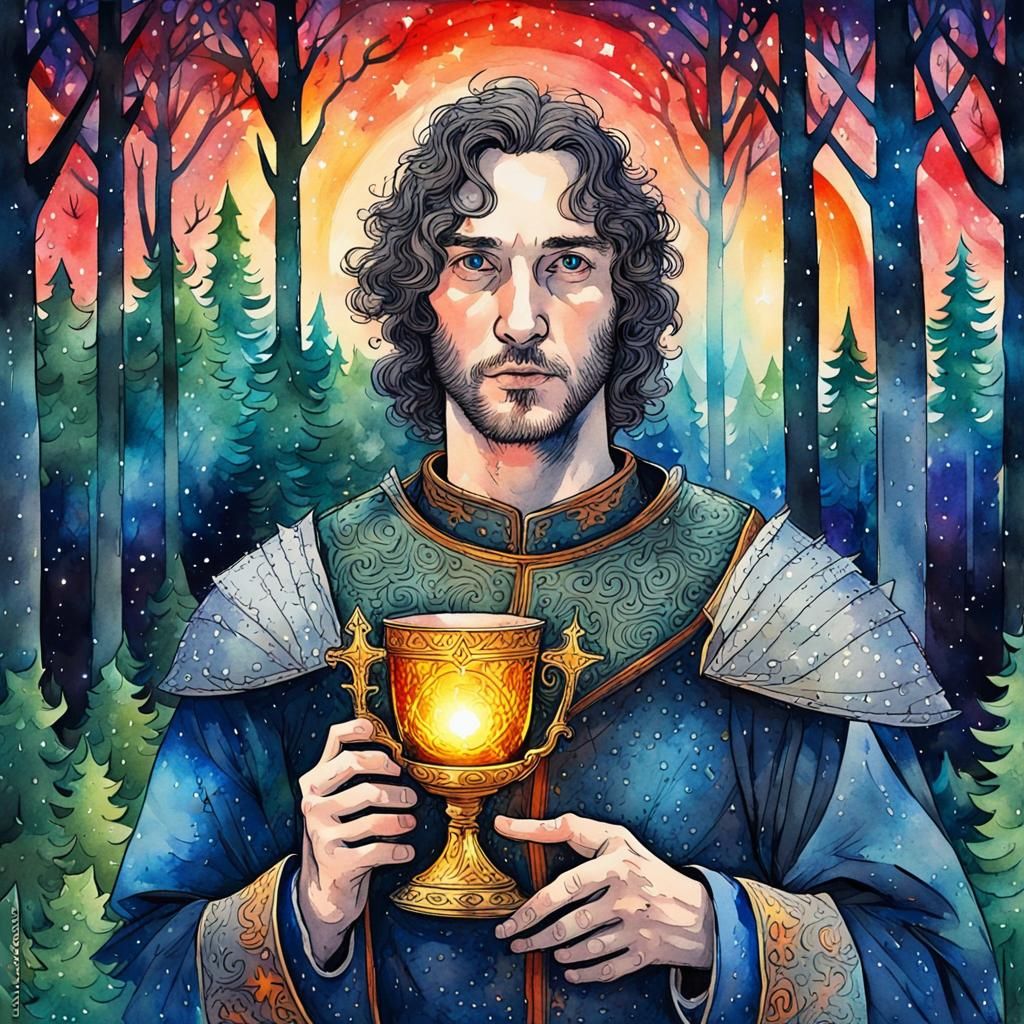 Lancelot and Holy Grail: Watercolor Painting