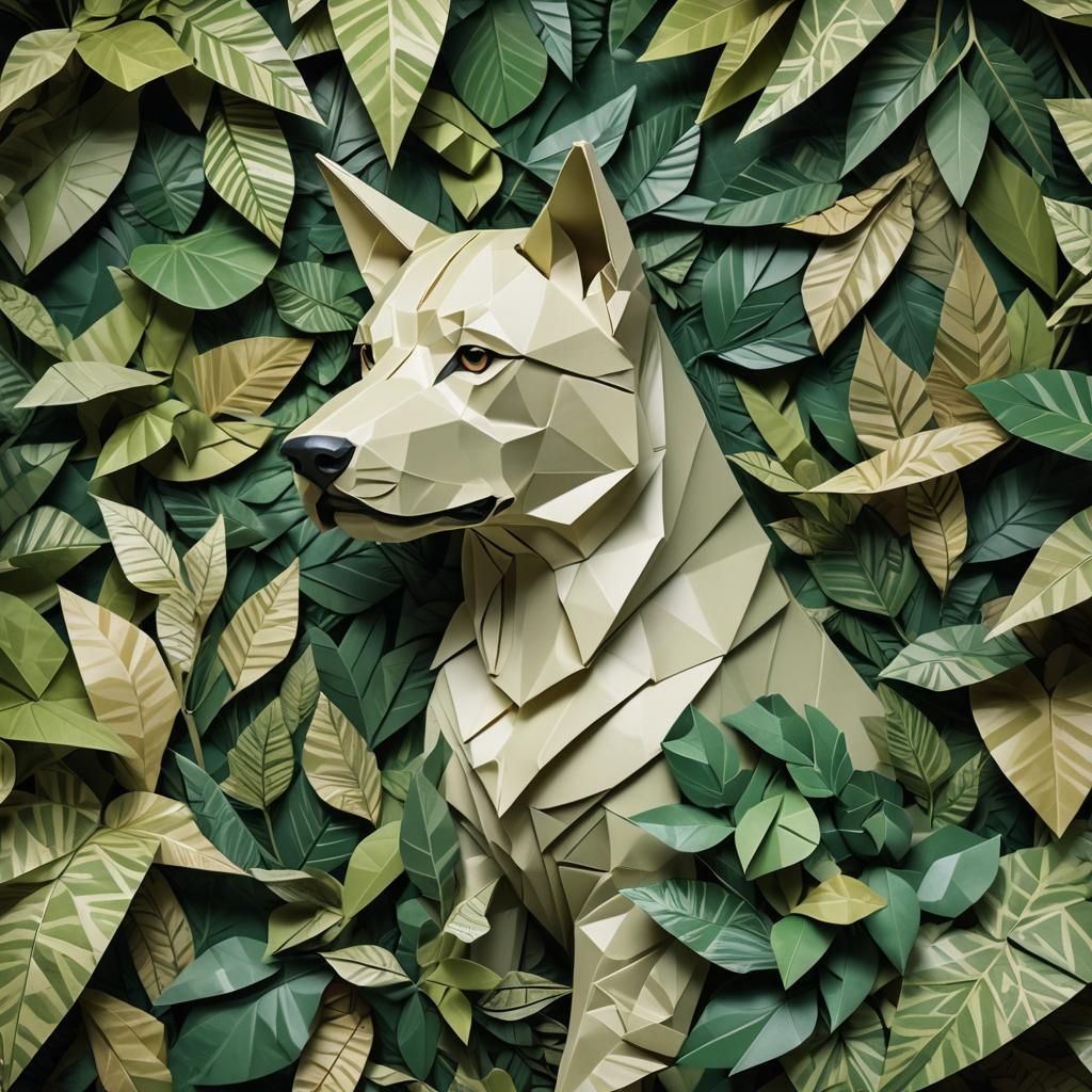 Papercraft Origami Dog in Mystical Jungle Diorama