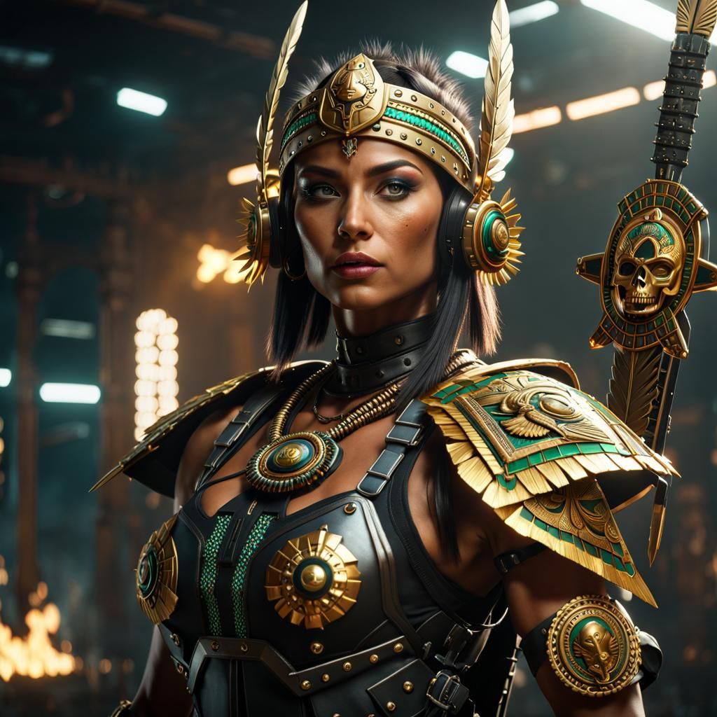 Cyberpunk Aztec Warrior Woman with Flaming Sword