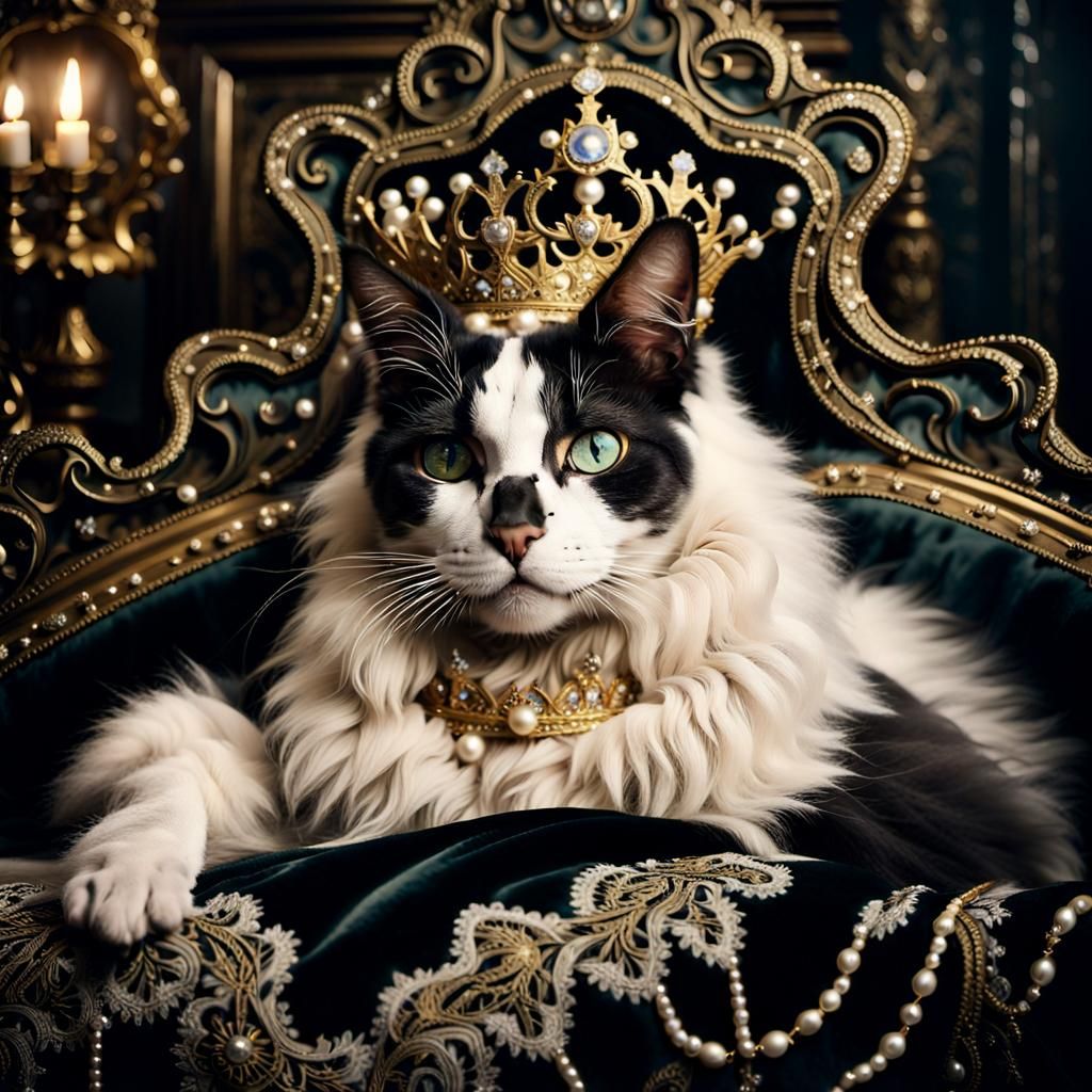 Victorian Cat Queen with Crown in Cinematic Style