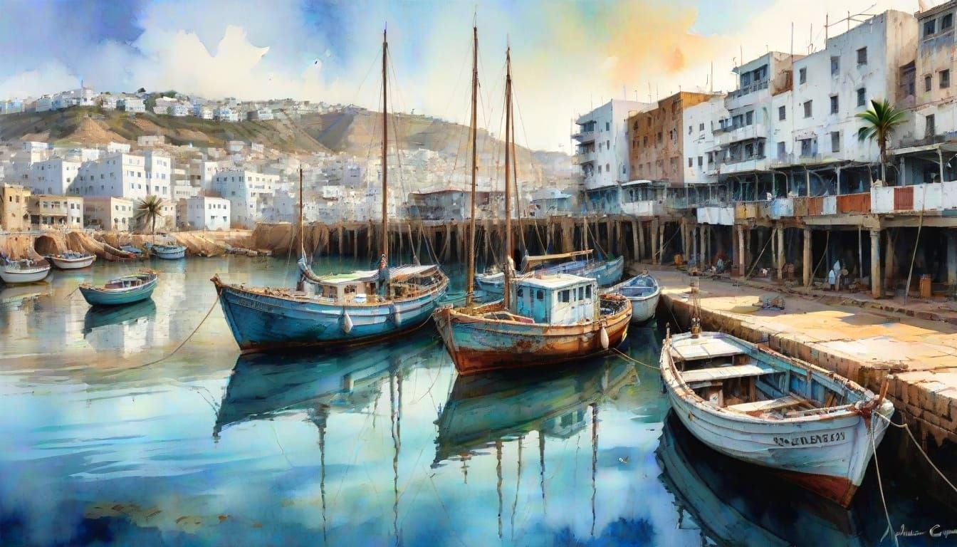 Tangiers Harbour: Old Sailing Boats in Watercolor Style