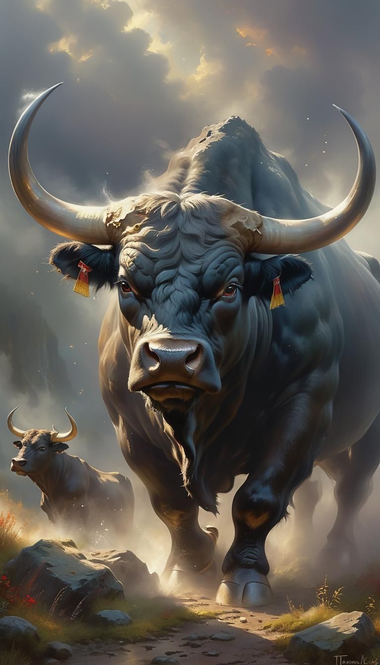 Ethereal Bull in Hyperdetailed Fantasy Landscape