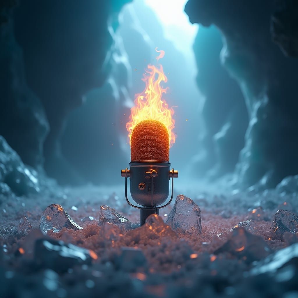 Fiery Microphone in Icy Cave, Hyperrealistic HDR