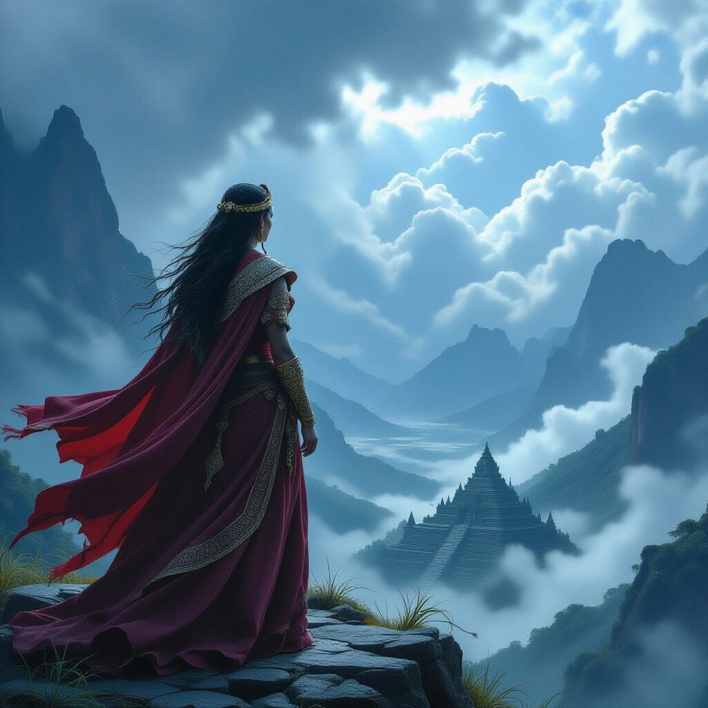 Amazonian Priestess Gazes at Stormy Sky on Mountain Peak