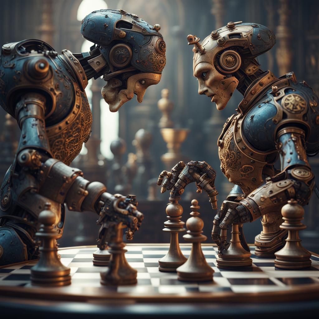 AI Robots Play Chess: Detailed Matte Painting
