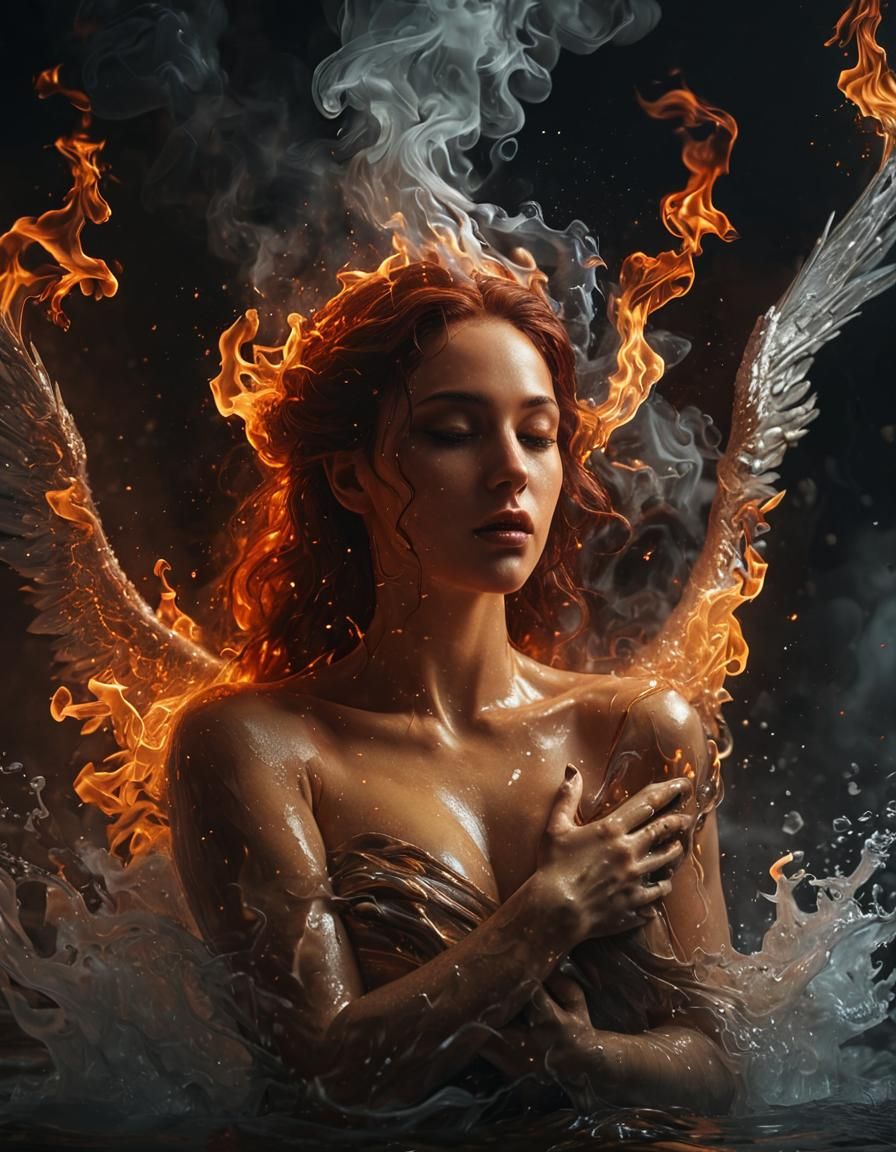 Fire Woman Embraces Water Man in Digital Art
